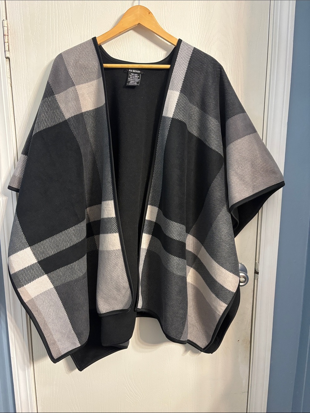 Ike Behar Black and Gray Plaid Open-Front Blanket Poncho